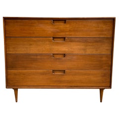Mid Century Low 4 Drawer Dresser Walnut Finish Carved Handles