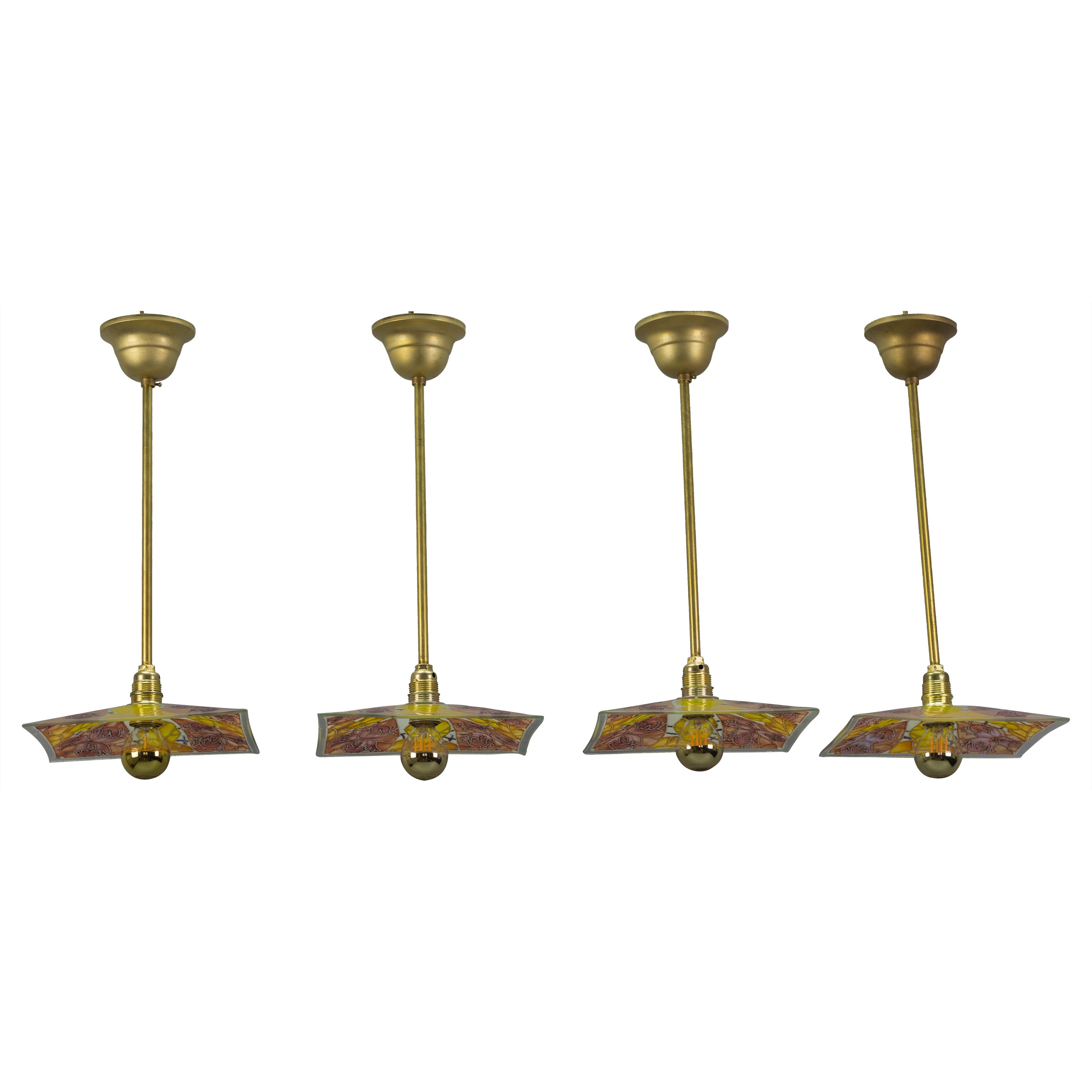 Set of Four Brass Pendant Lights with Enamelled Glass by Loys Lucha