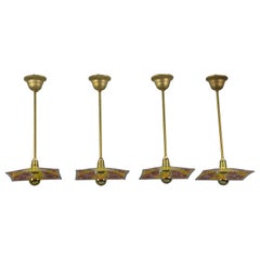 Vintage Set of Four Brass Pendant Lights with Enamelled Glass by Loys Lucha