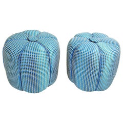 Pair of Vintage Art Deco Pouf Turquoise Upholstered Round Stools