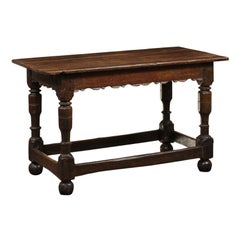 Used Early 18th C Oak Console Table with Carved Apron, Turned Legs & Box stretcher