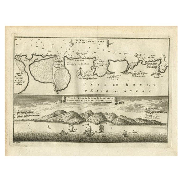 Carte ancienne et vue de la baie de Sierra Leone en Afrique, vers 1750