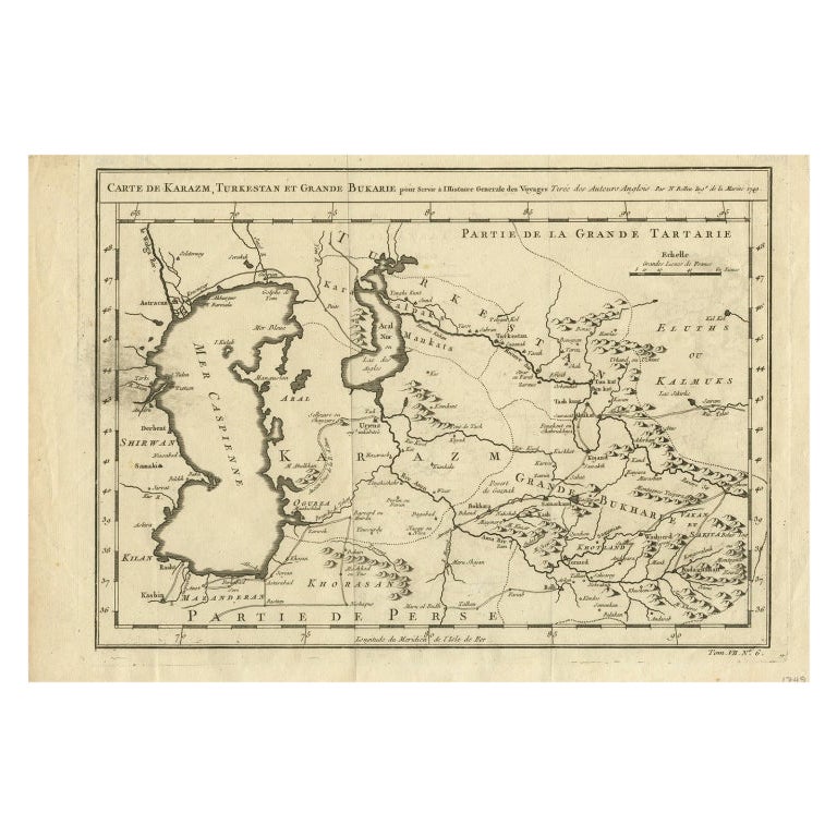 Antique Map Centered on Turkestan, Including the Black and Caspian Seas, 1749 For Sale