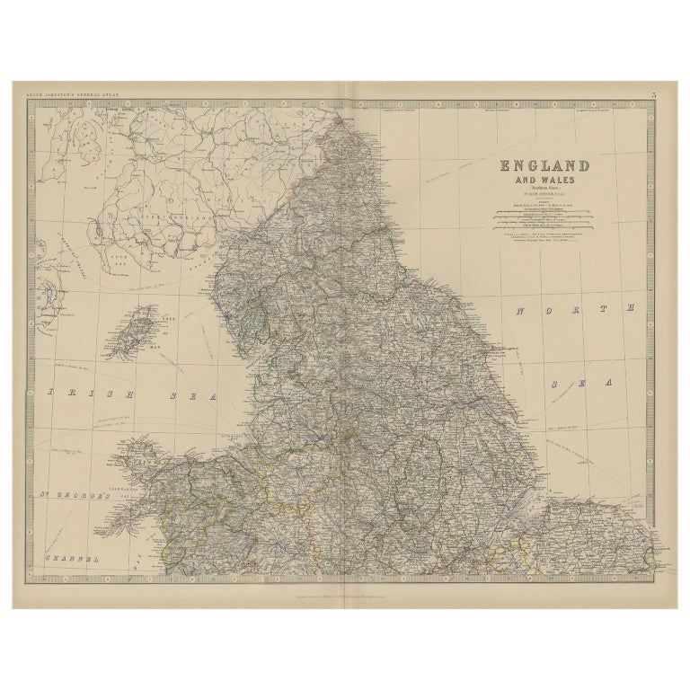 Carte ancienne de l'Angleterre du Nord et du Pays de Galles par Johnston, 1882