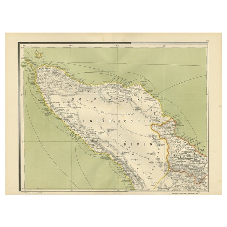 Carte ancienne de Aceh ou Adjeh dans le nord de la Sumatra, Indonésie, 1900