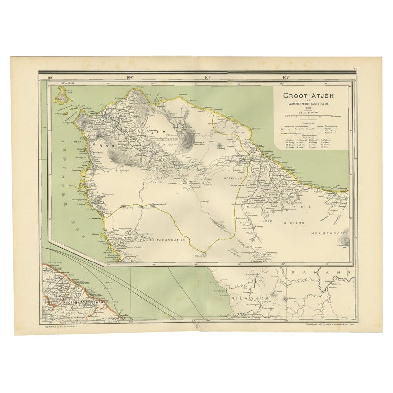 Carte ancienne de Aceh à Sumatra, Indonésie, 1900