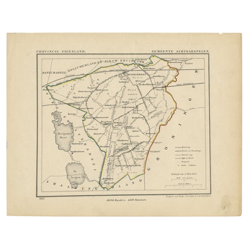 Antique Map of Frisian Municipality of Achtkarspelen in the Netherlands, 1868 For Sale