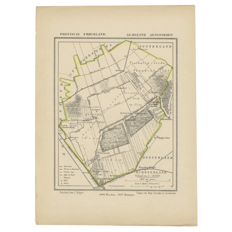 Antique Map of Frisian Municipality Aengwirden in the Netherlands, 1868 For Sale