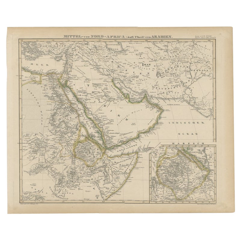 Carte ancienne de l'Afrique et de l'Arabie avec carte en médaillon de l'Éthiopie et de l'Érythrée, 1845