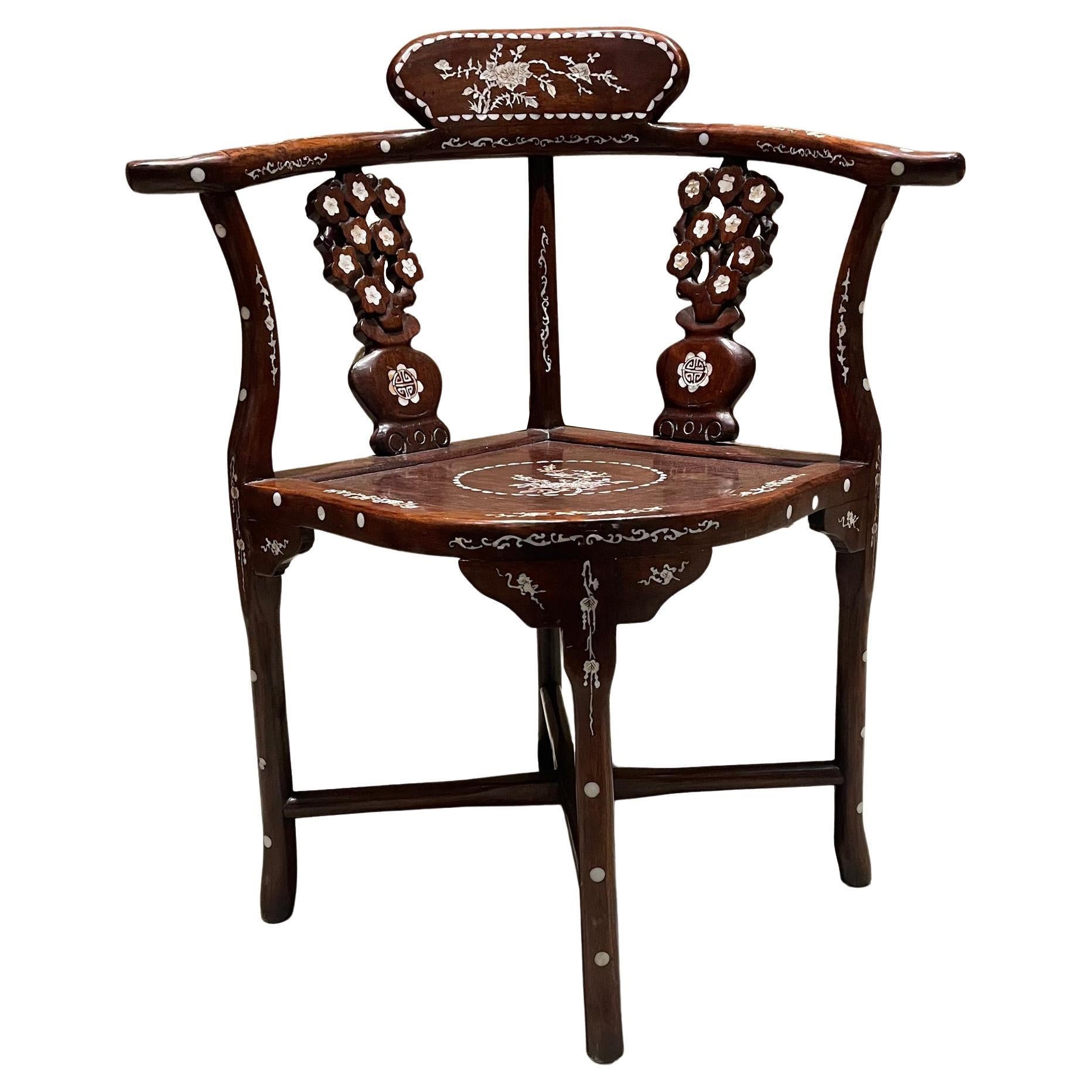 Lovely Handcrafted Chinese Corner Armchair Rosewood with Mother-of-Pearl Inlay For Sale