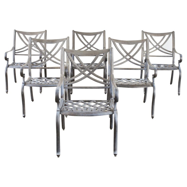 Set of Six Neoclassical Style Aluminum Garden Dining Armchairs For Sale
