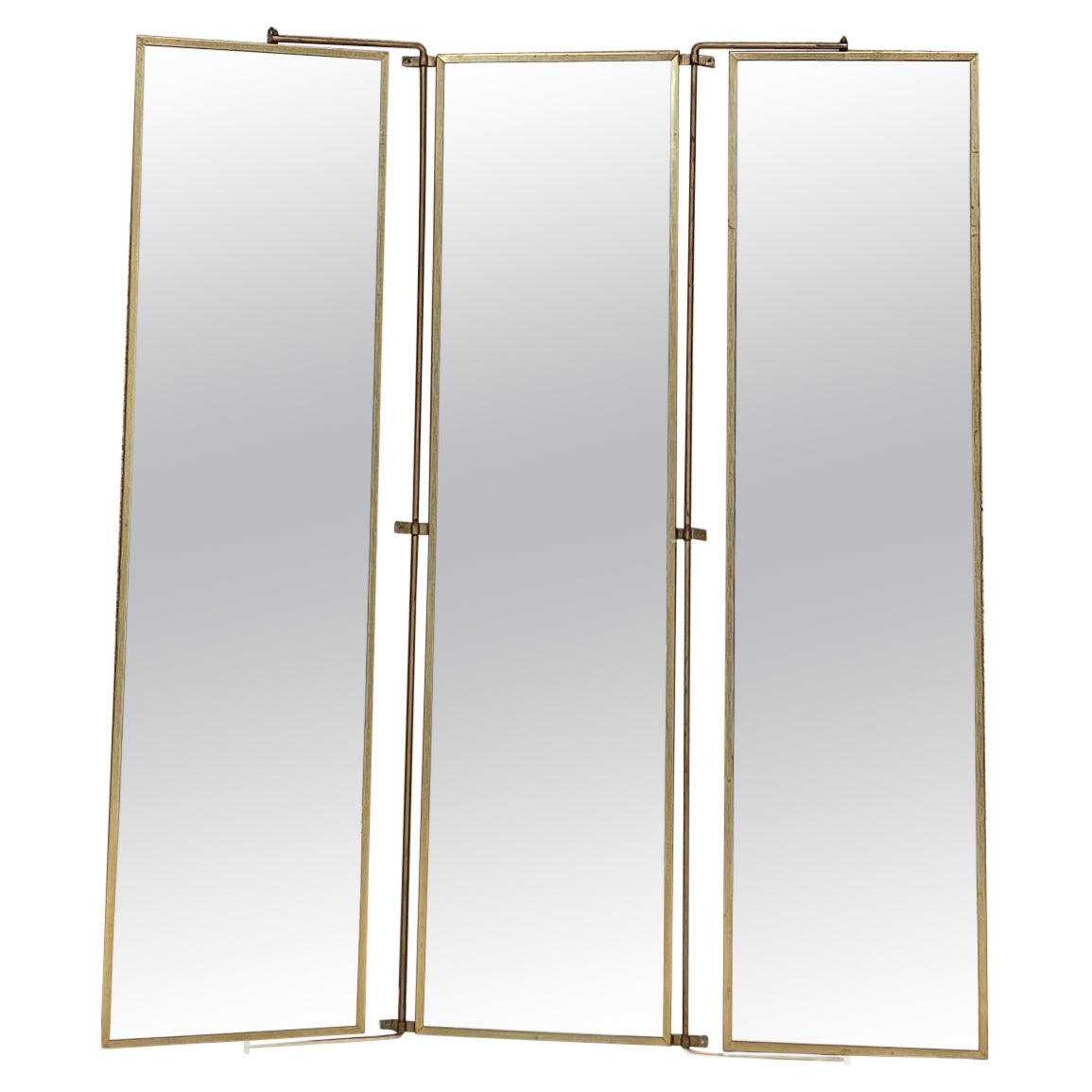  La Barge Modern Full Mirror Trifold Panel Screen Patinated Brass Frame 1960s