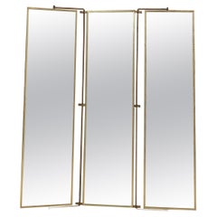  La Barge Modern Full Mirror Trifold Panel Screen Patinated Brass Frame 1960s