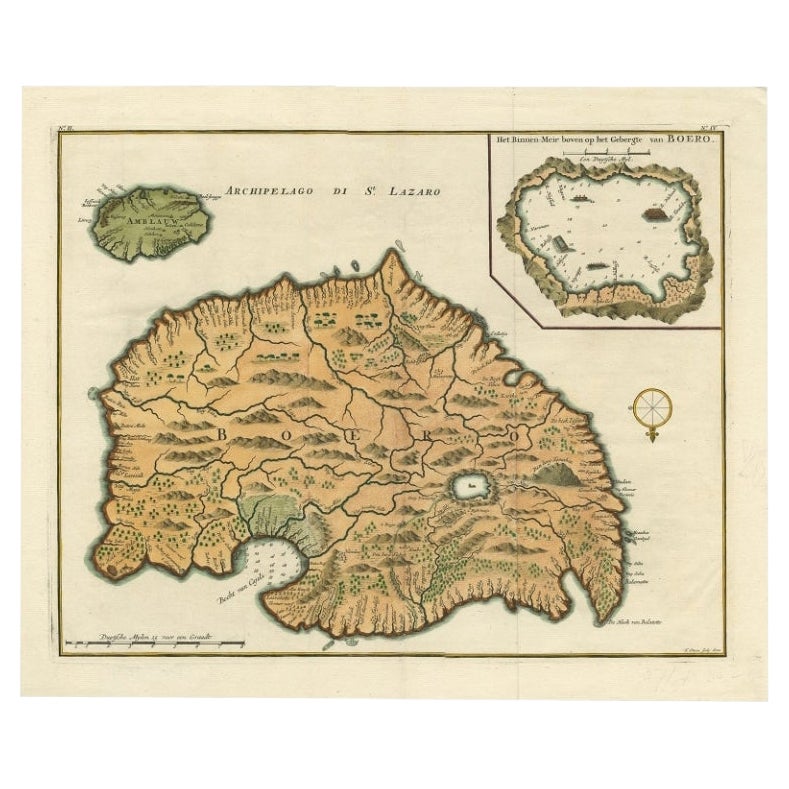 Carte ancienne de l'île d'Amelau et de Buru, Maluku ou Moluccas en Indonésie, 1726