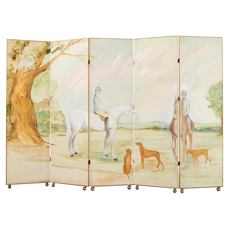 Country English Five Panel Painted Screen Equestrian Landscape For Sale