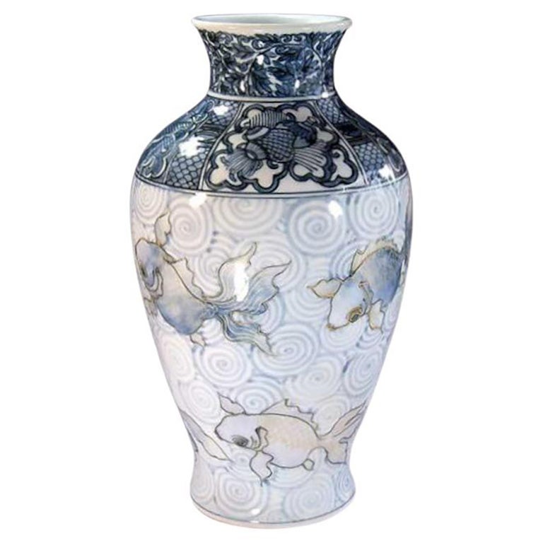 Japanese White Blue Gold Porcelain Vase by Contemporary Master Artist, 3 For Sale