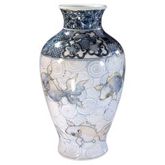 Japanese White Blue Gold Porcelain Vase by Contemporary Master Artist, 3
