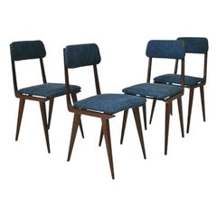 1960, Set of Four Chairs Vintage, structure in wood with blue fabric upholstery