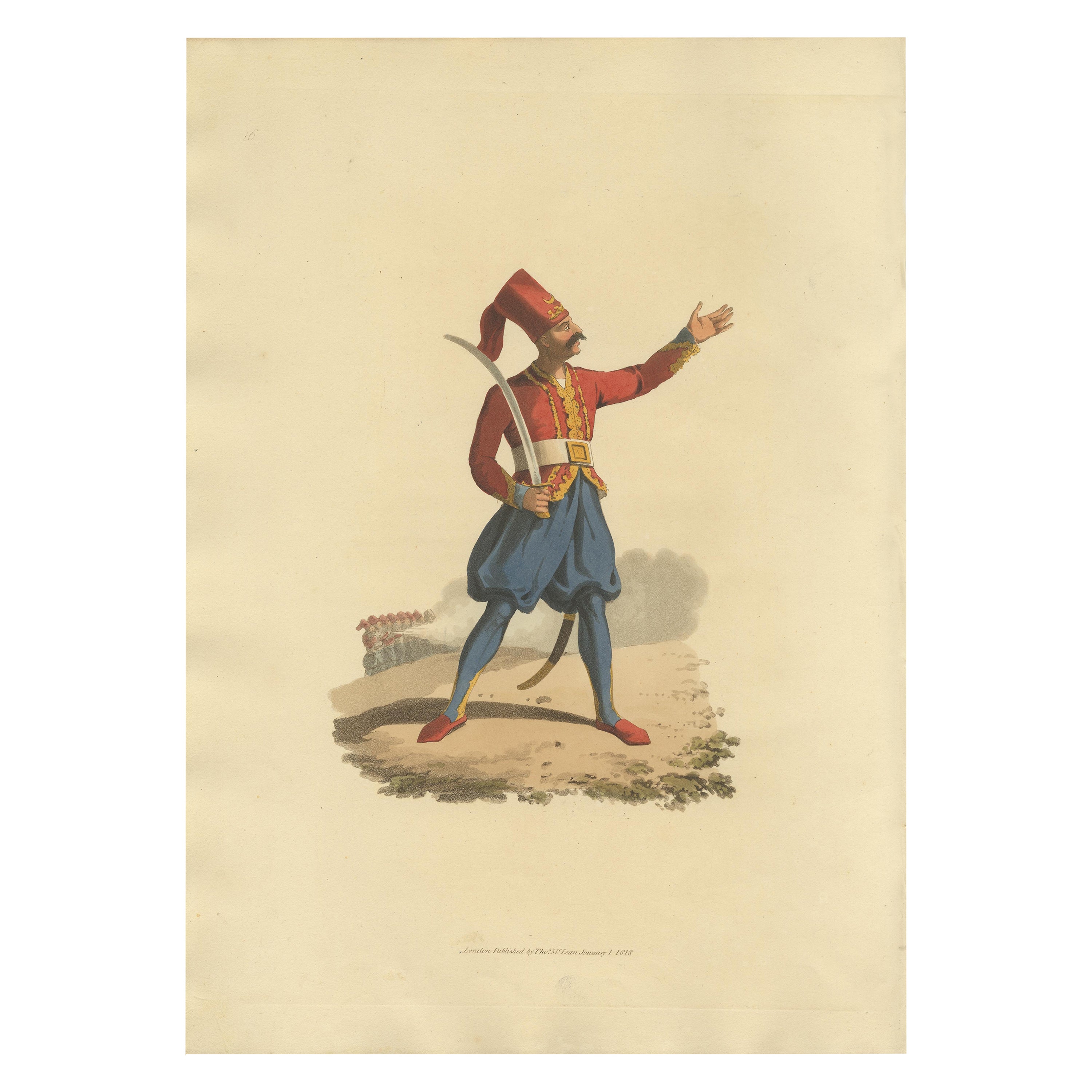 Antique Print of an Officer of the European Infantry, 1818 For Sale