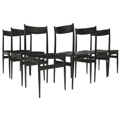  1960Set of Six Vintage Chairs,  black wooden structure and black velvet