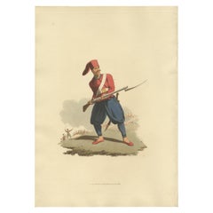 Antiker Druck eines Soldaten der europäischen Infanterie, 1818
