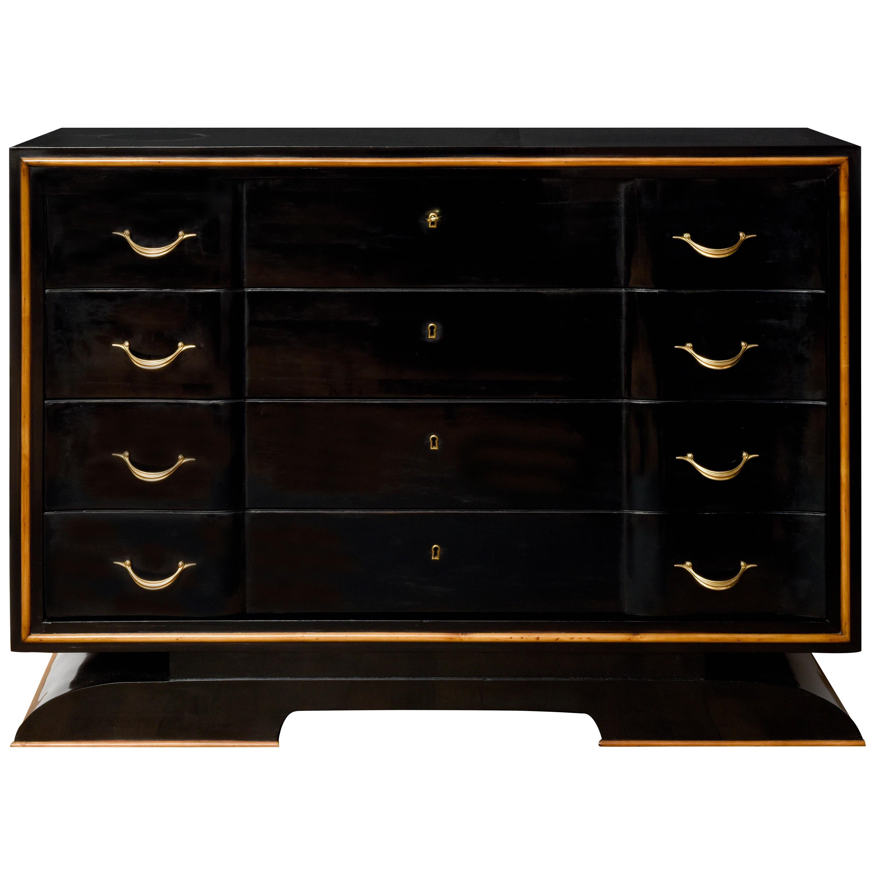 Art Deco Black Wood and Brass Italian Chest of Drawers, 1940s For Sale