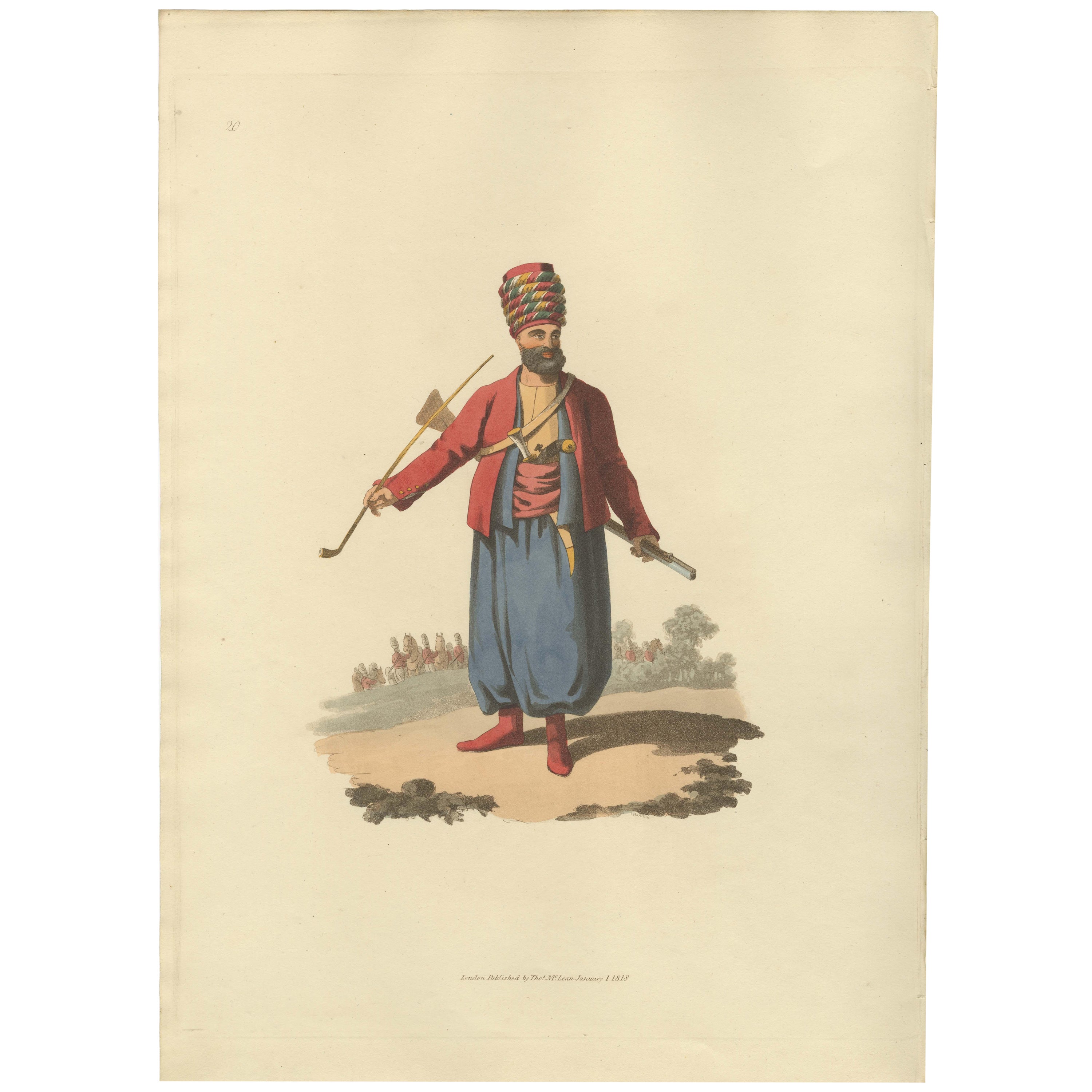 Antiker Druck eines Spahi, aus The Military Costume of Turkey 1818