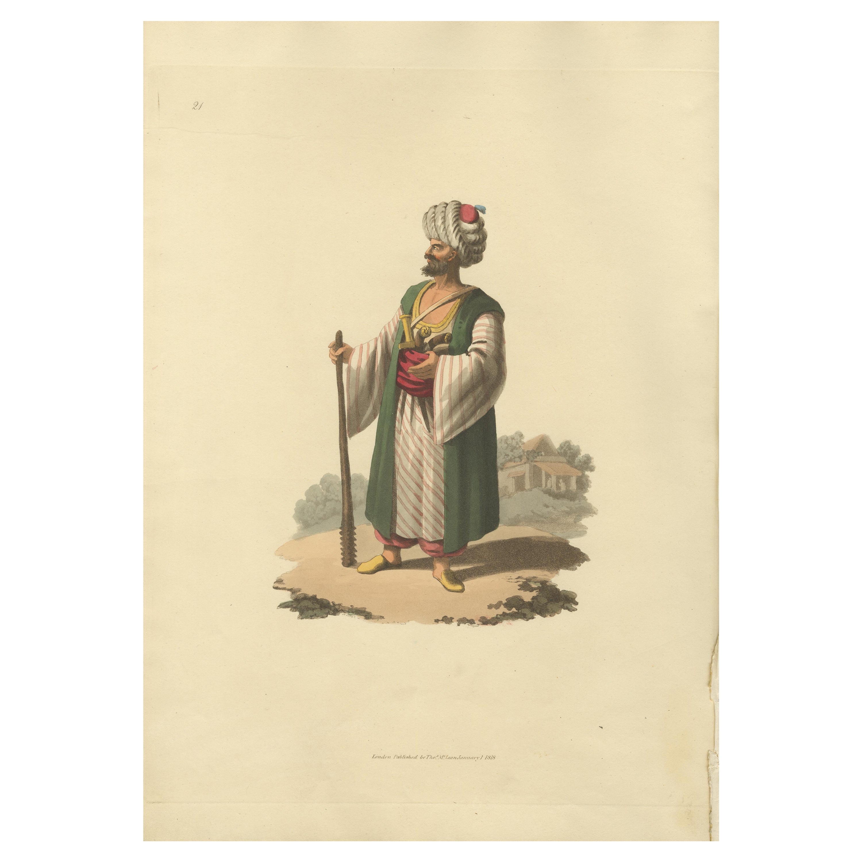 Grabado antiguo de un soldado caramaniense, 1818