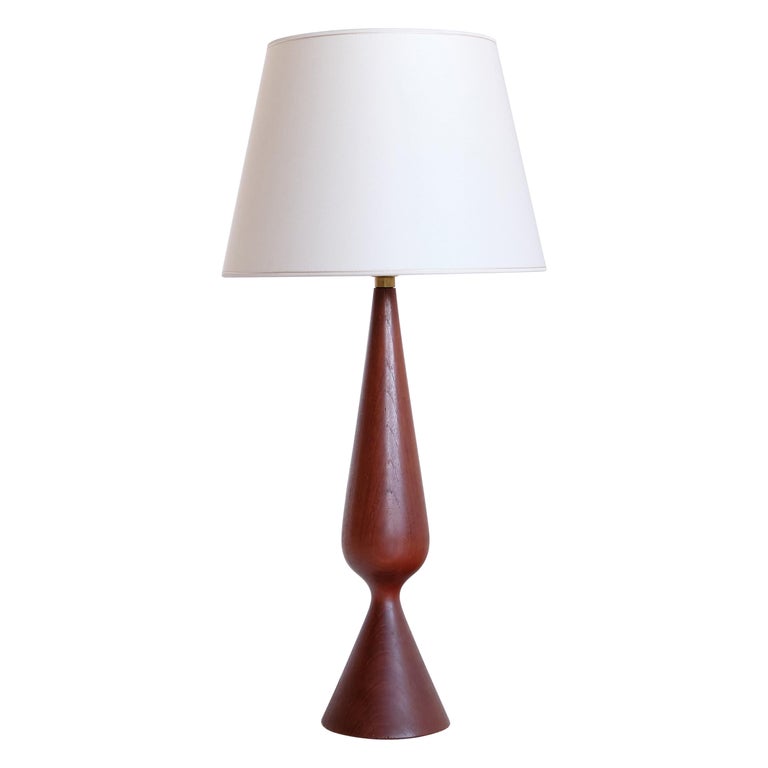 Sculptural Table Lamp in Teak Wood and Ivory Drum Shade, Denmark, 1960s For Sale