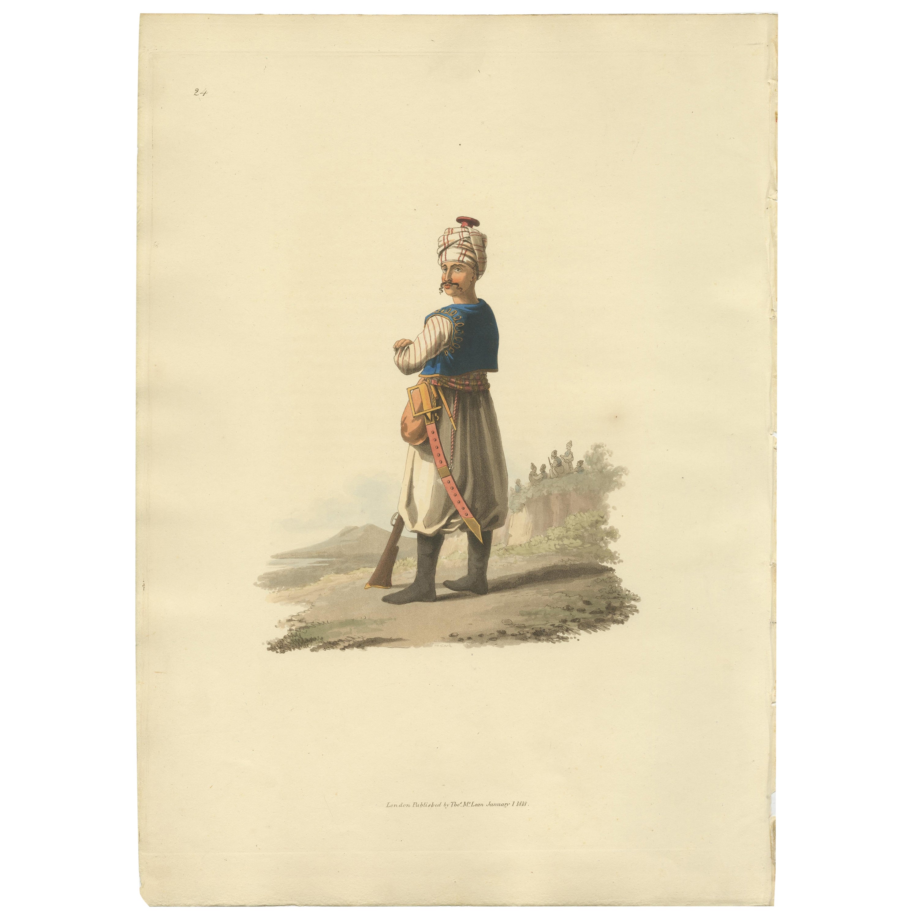 Antique Print of an Janizary from the Military Costume of Turkey, 1818 For Sale