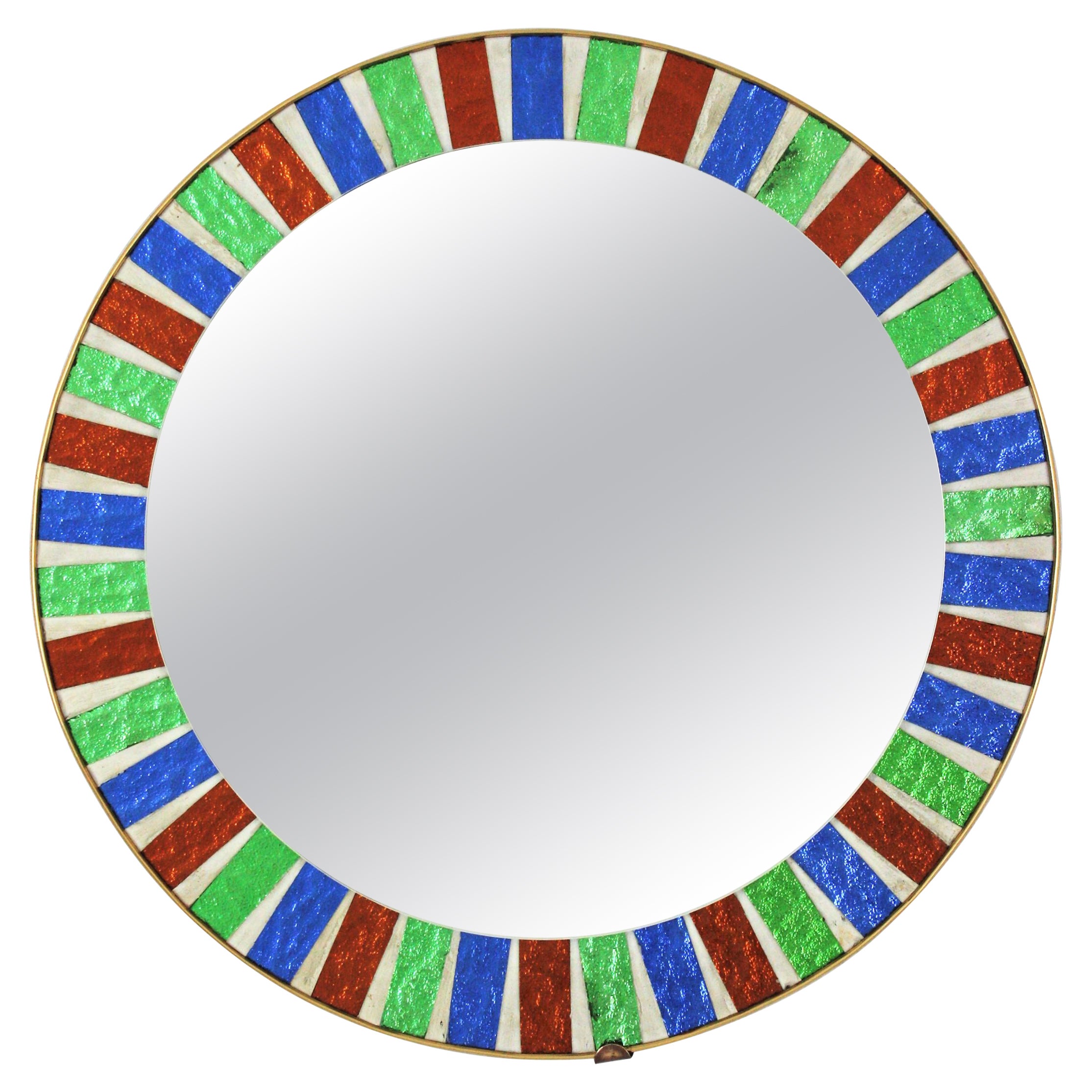 Round Sunburst Mirror with Multi Color Glass Mosaic Frame For Sale