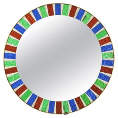 Midcentury Sunburst Green, Blue, Red Glass Mosaic Round Mirror