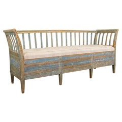 18th Century Gustavian Swedish Sofa, Bench Original Blue Paint