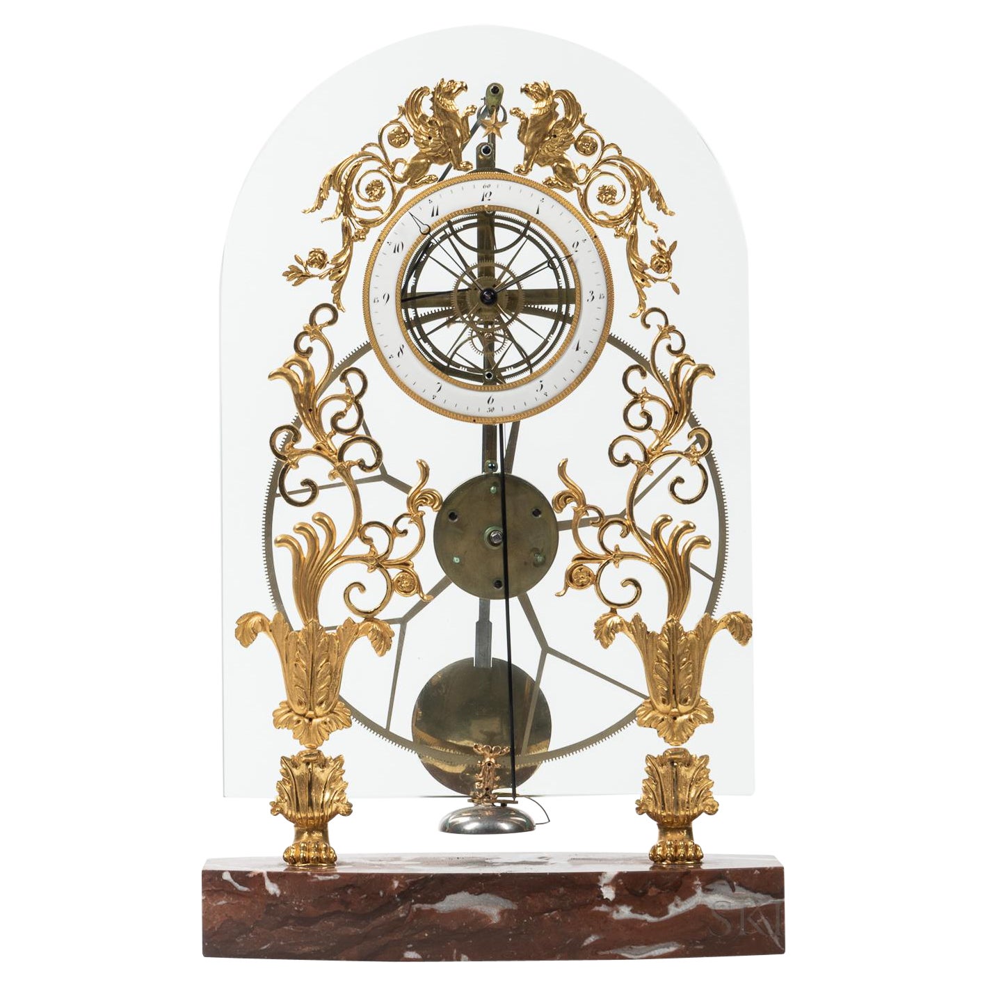 Rare French Glass-Plate Skeleton Clock with Remontoire Strike