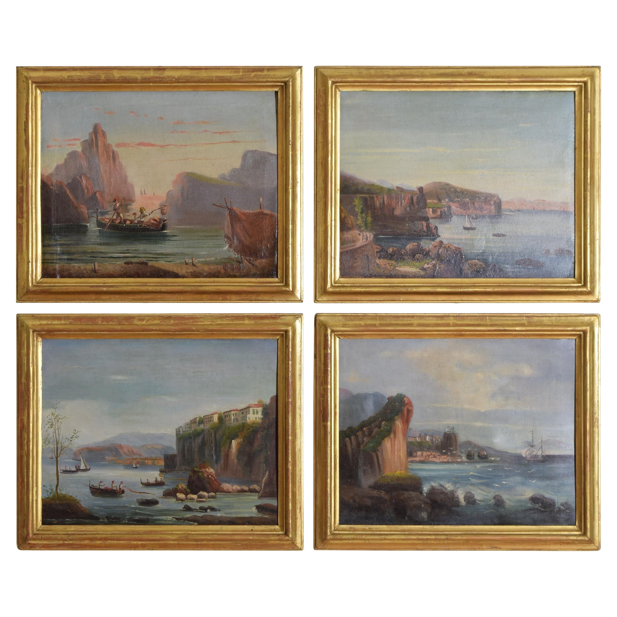 Early 19th Century Set of Four Italian School Oil Paintings, Bay of Naples