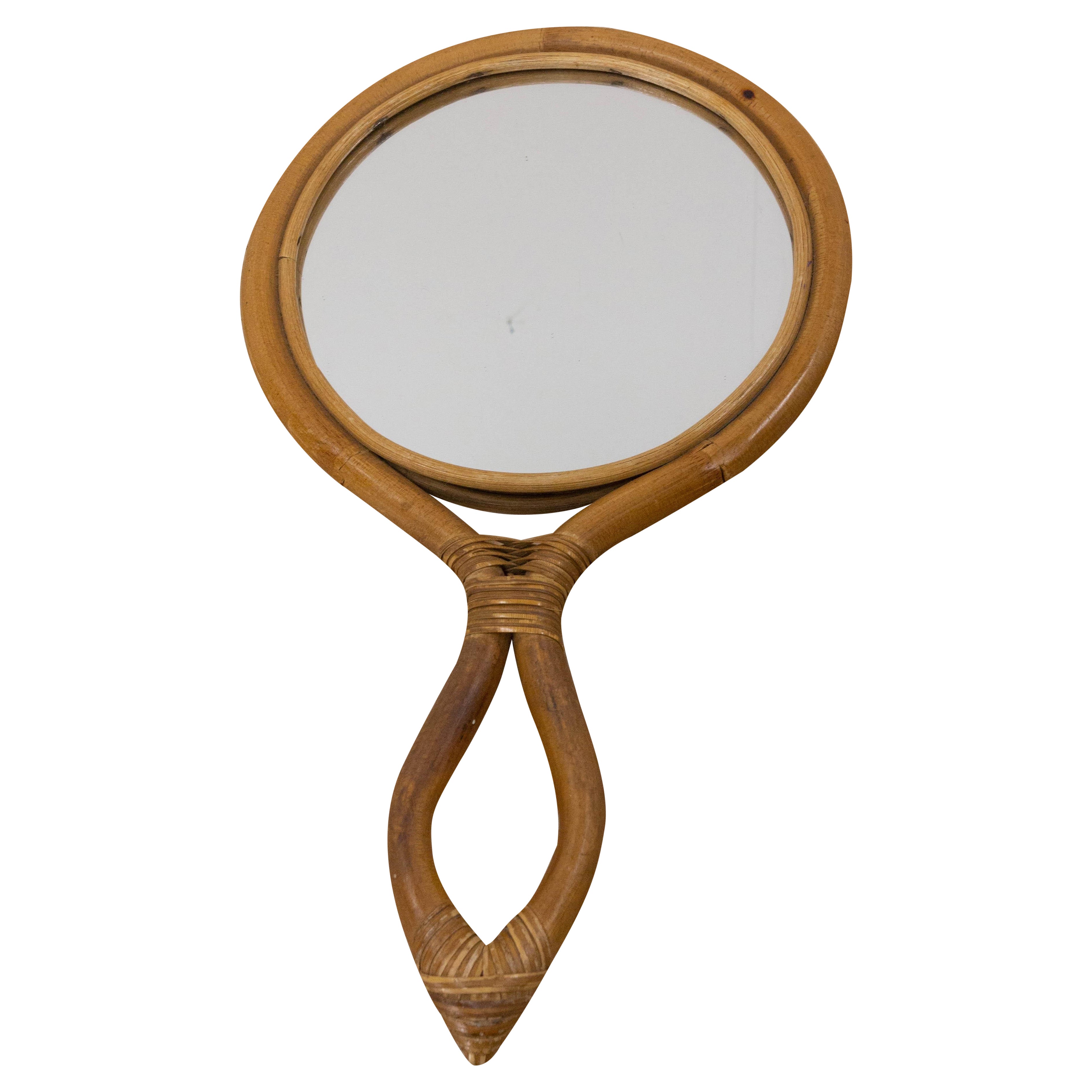 French Hand Mirror Frame in Rattan Midcentury For Sale
