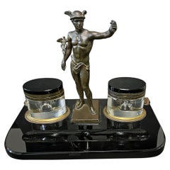 Mercury Desk Set with Bronze Nude and Glass Inkwells, France