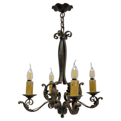 French Art Deco Lustre Wrought Iron Acanthus Leaves Chandelier, c. 1930