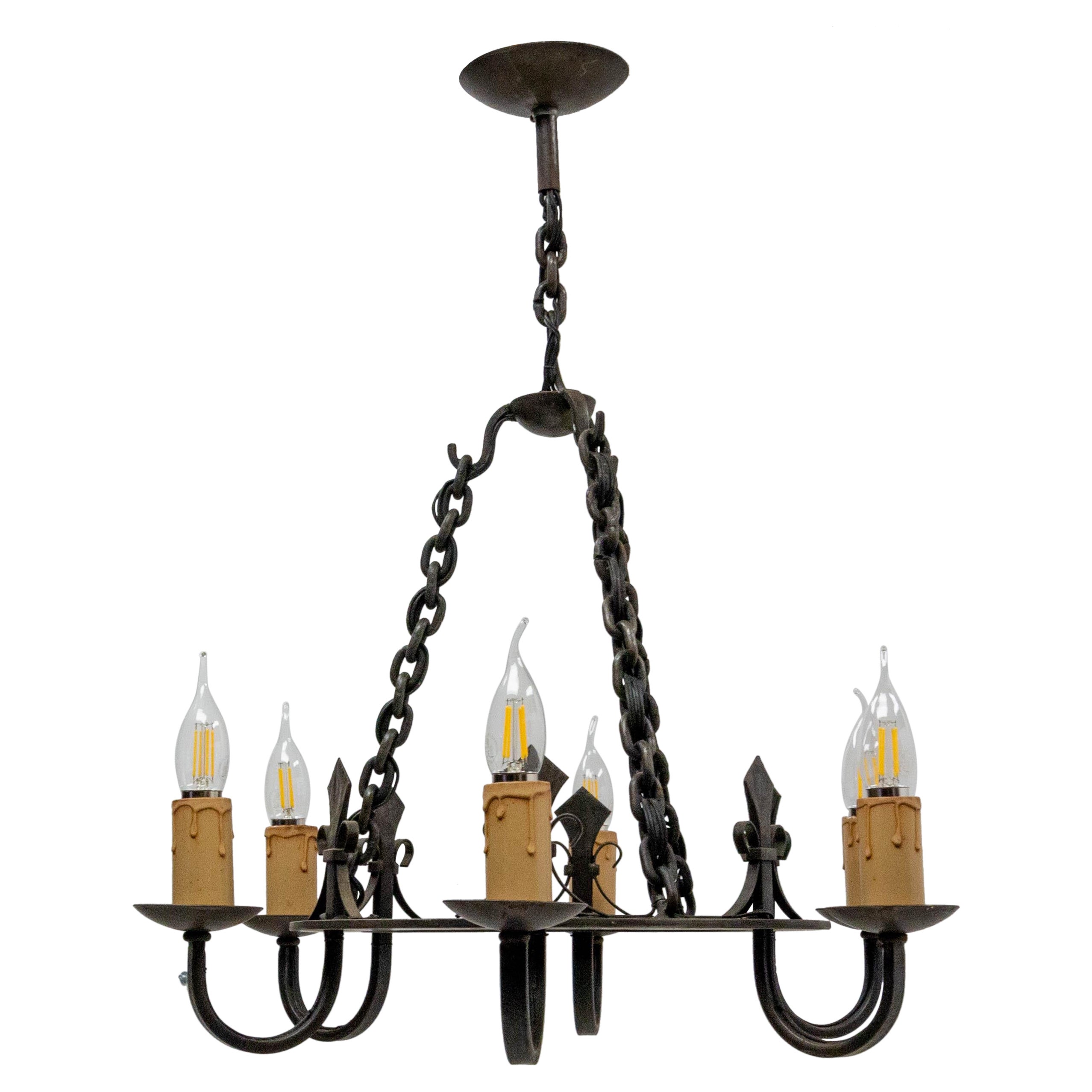 French Lustre Wrought Iron with Fleur-de-lys Chandelier, circa 1940 For Sale