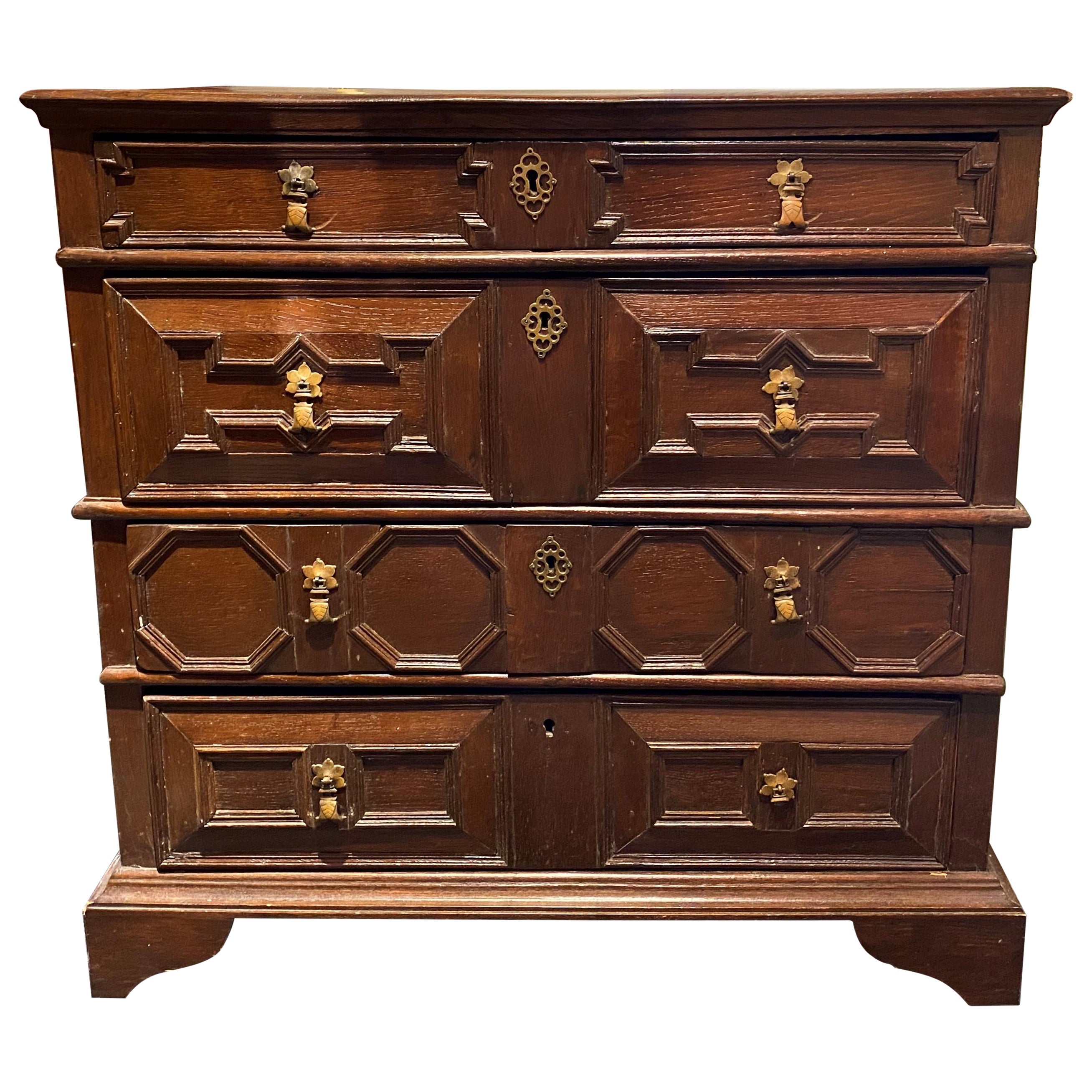 Early 18th Century English William & Mary Oak Paneled Four Drawer Chest