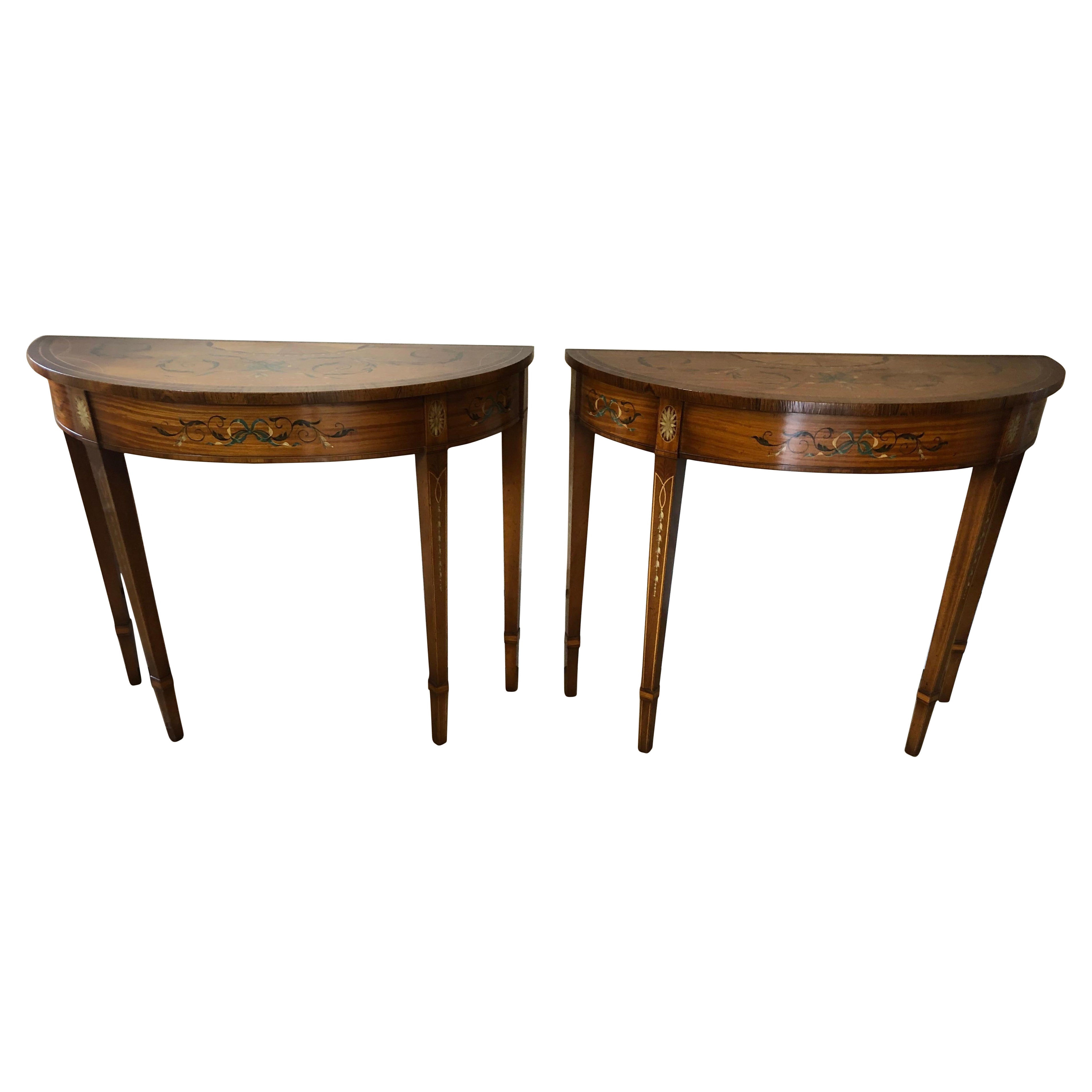 Gorgeous Stately Pair of Adams Style Demilune Console Tables