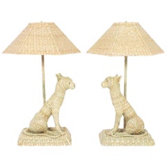 Vintage Fun and Folky Wicker Cat Table Lamps by Mario Torres