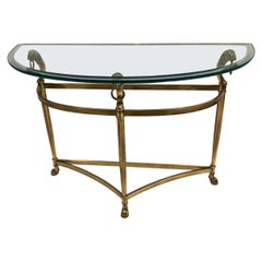 Glamorous Brass Lion Head Demilune Console Table with Glass Top