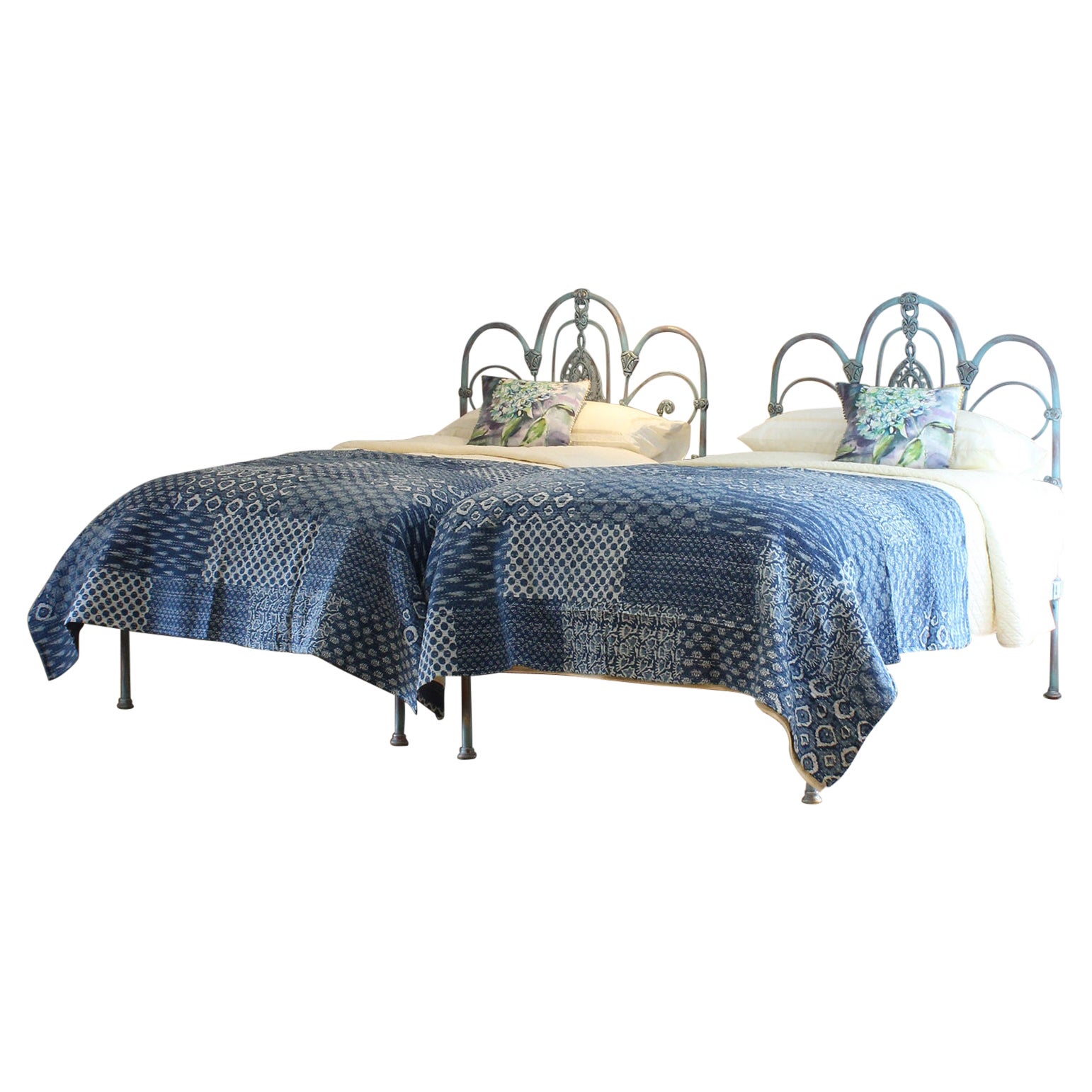 Matching Pair of Antique Beds in Blue MPS47