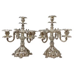 Pair Large Antique American Rococo Style Silver-Plated 5 Cup Candelabra, Ca 1890
