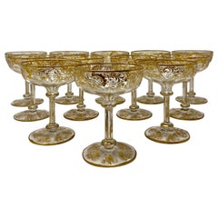Set of 12 Antique French Val Saint Lambert Gold-Etched Crystal Champagne Coupes