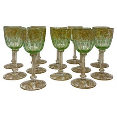 Set of 12 Antique French "Val Saint Lambert" Crystal Green & Gold Wine Glasses