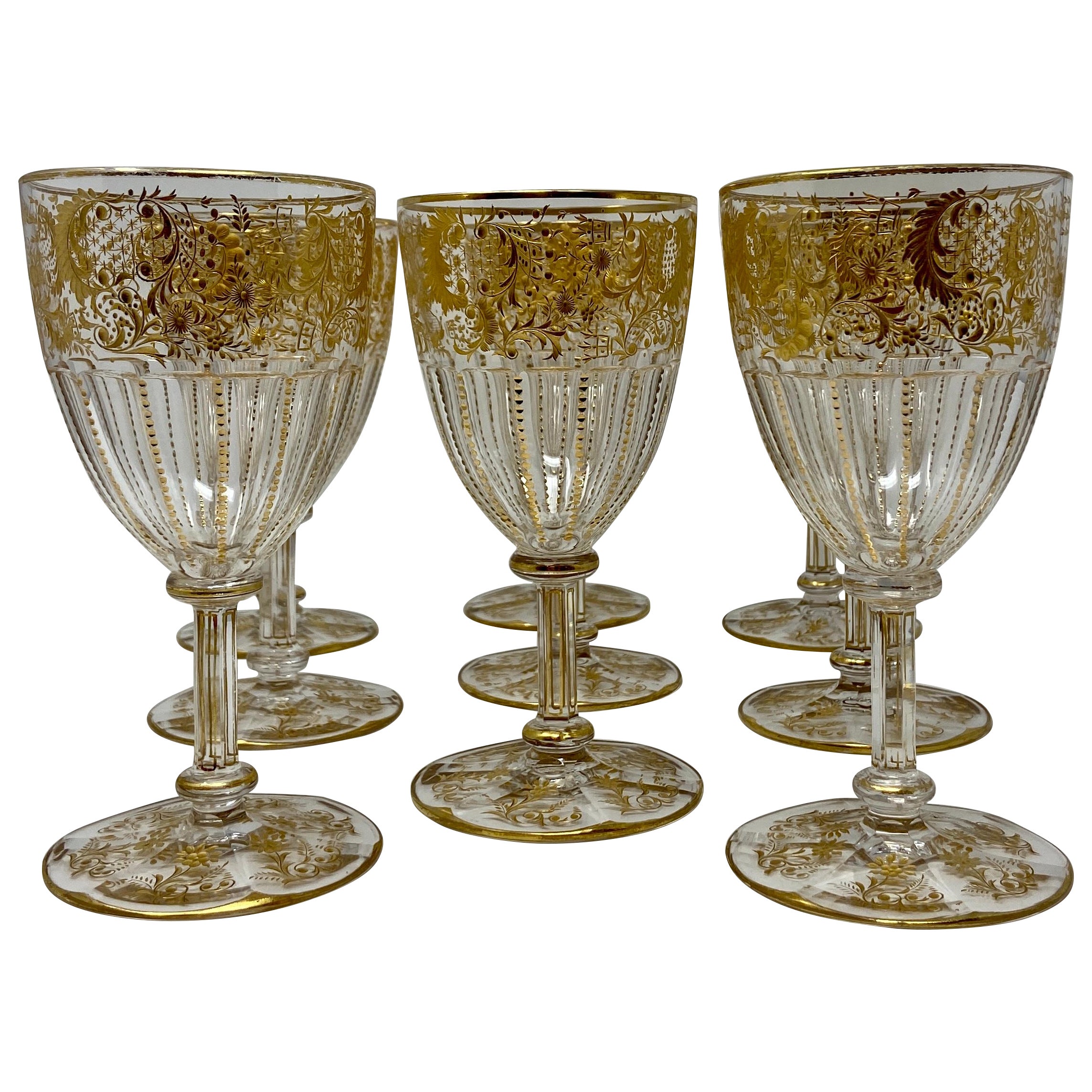 Set of 9 Antique French Val Saint Lambert Gold-Etched Crystal Goblets, Ca. 1890s