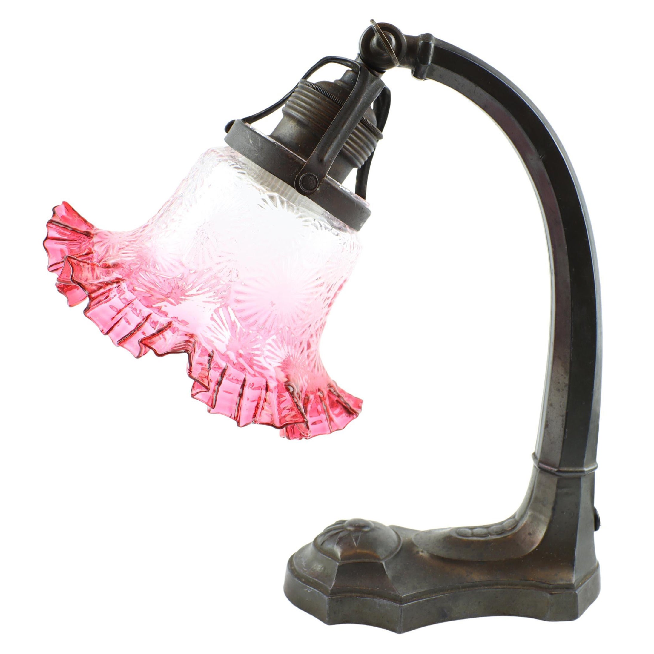 Art Nouveau Patinated Lamp with Colored Bell Shade