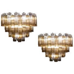  Pair Smoke and Clear Murano Glass Tronchi Chandelier or Ceiling Light